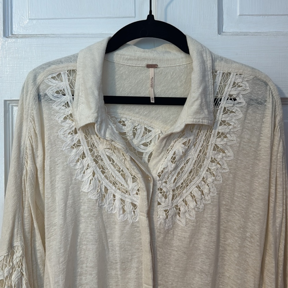 Free People Button Up Oversized Cream Color Shirt with Embroidered Front/Back - Picture 2 of 13